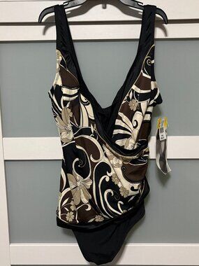 Longitude Ladies One Piece Swimsuit Old Stock NEW NWT sz 24W Black brown swirl